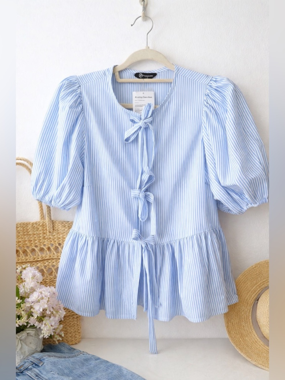 PrettyGarden Blue Stripe Peplum Tie Front Blouse Puff Sleeve S